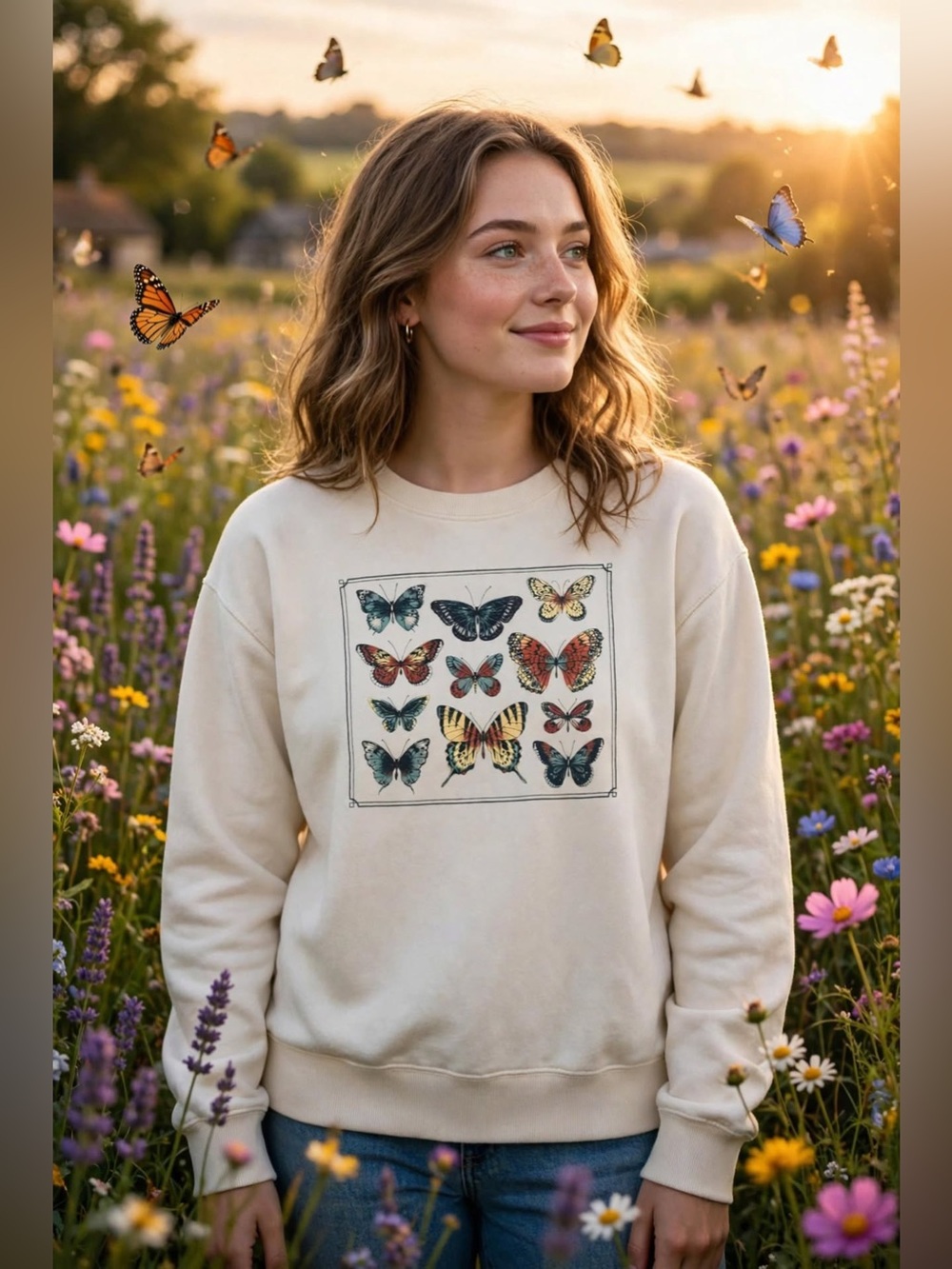 EARTHBOUND Cream Sweatshirt with Multicolor Butterfly Print